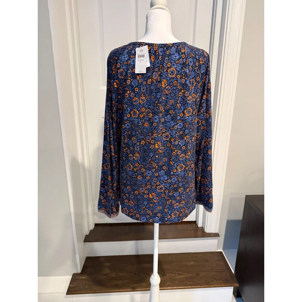 J Jill Large Navy Floral Tunic Top Embroidered Split Neck Cotton Modal NWT new - Picture 4 of 13